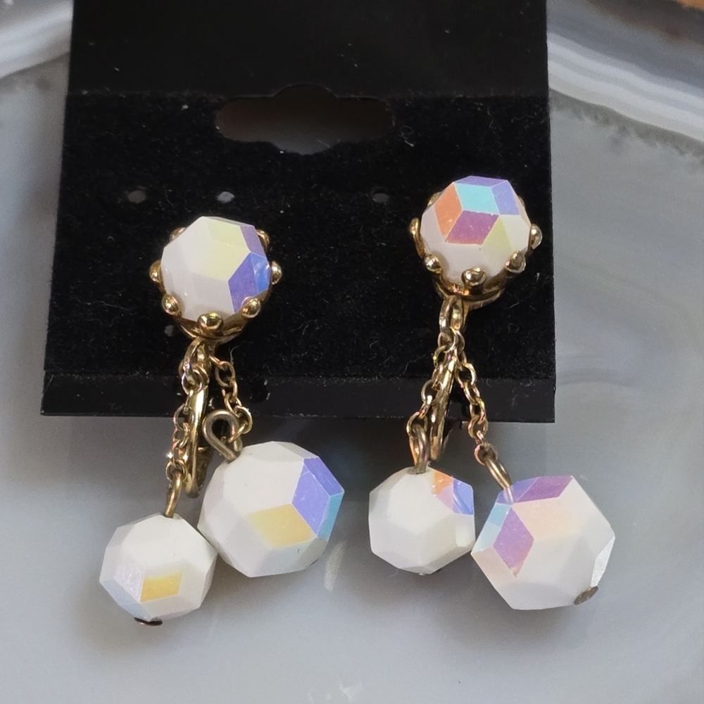 Vintage AB Coated Acrylic Bead Clip On Dangle Earrings